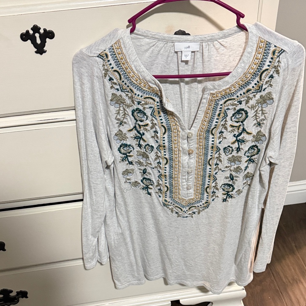 J. Jill Cream and Blue Embroidered Blouse